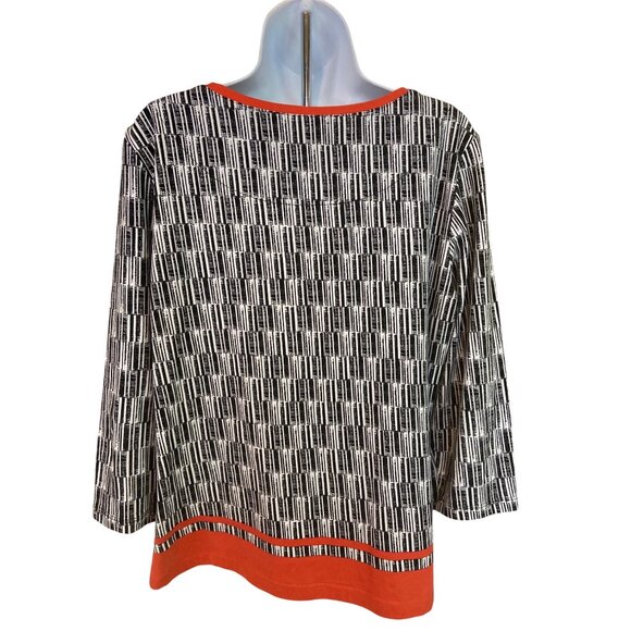 Ruby Rd Womens Top XL Black White Abstract Print Orange Accents 3/4 Sleeve - Picture 2 of 5